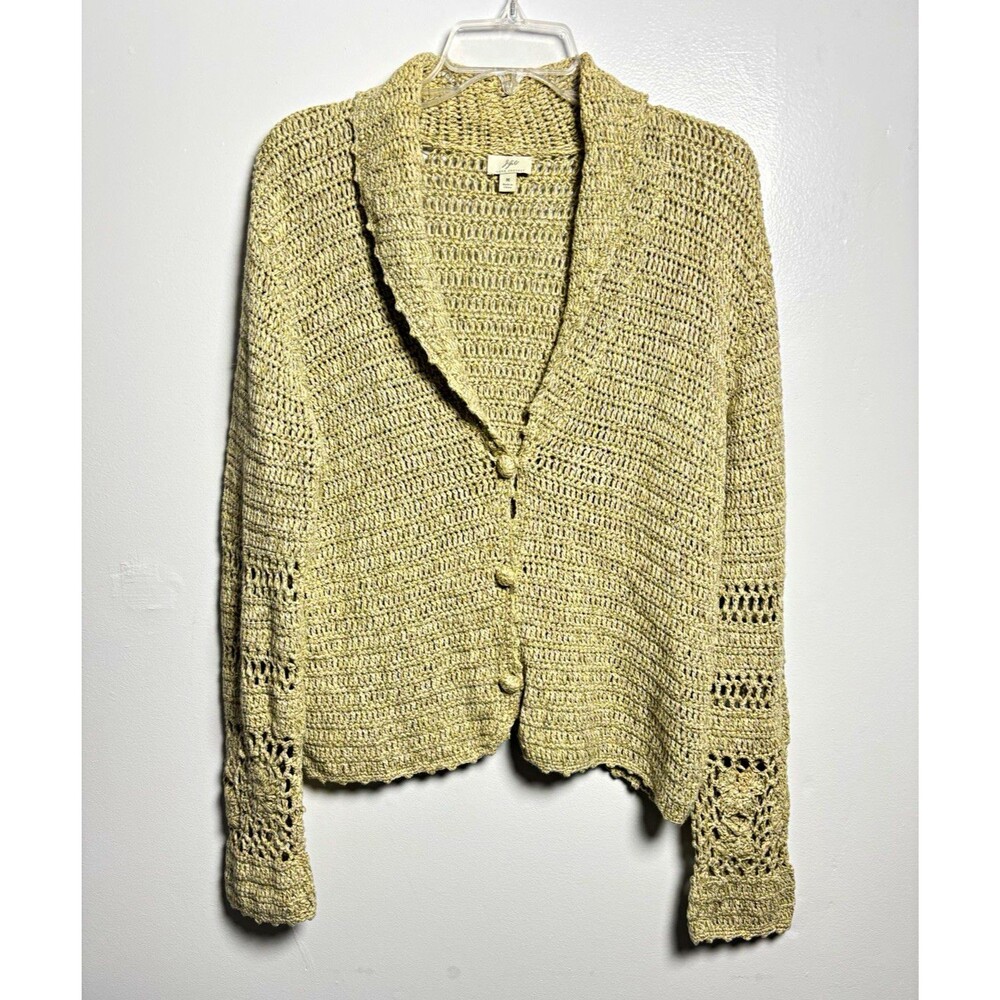 J. Jill Women’s M Beige Crochet Open-Knit Linen Cotton V-Neck Button Cardigan